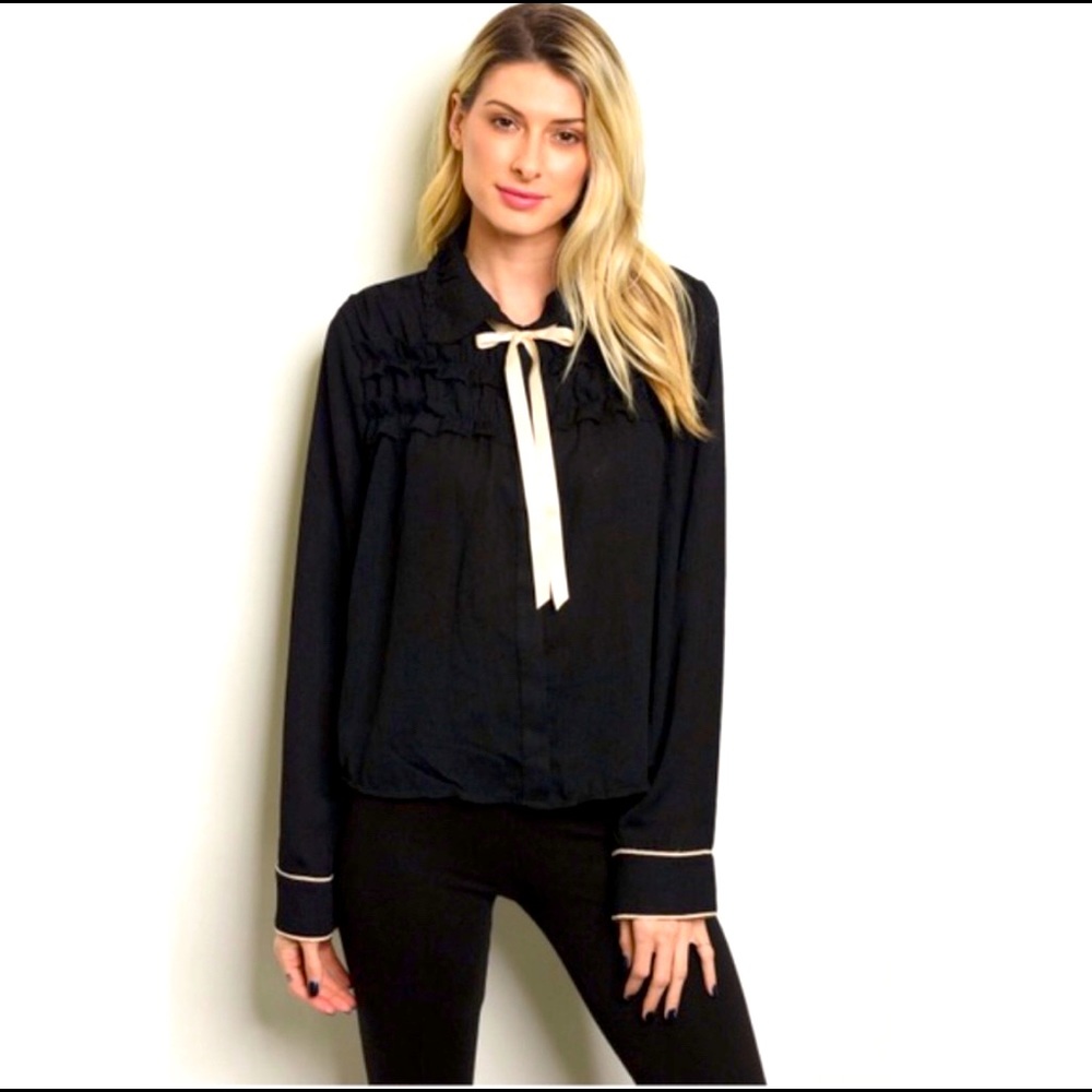 New Long Sleeve Ruffle Neck Tie Blouse Black/Pink